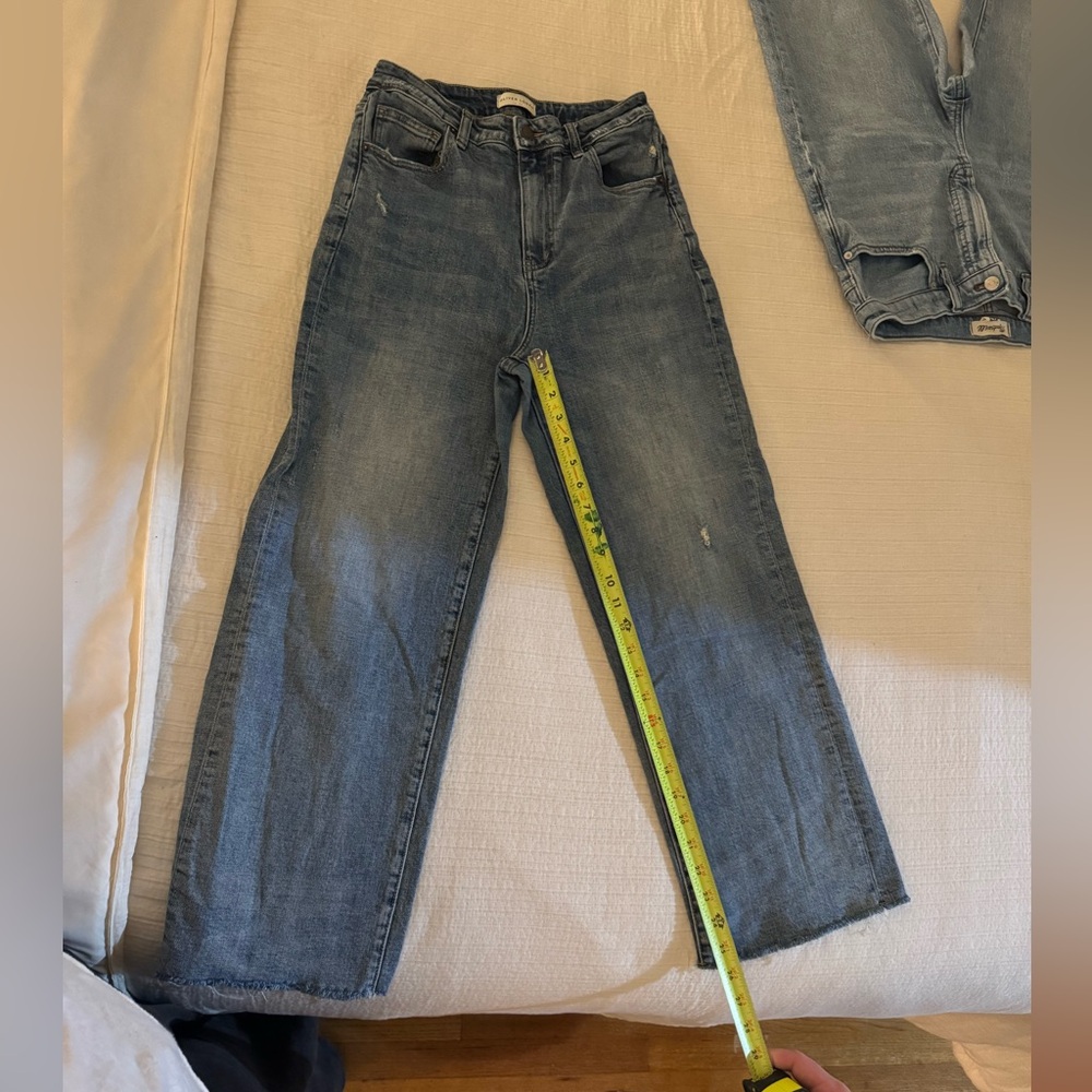 Blue Straight Leg Jeans with Distressed Details